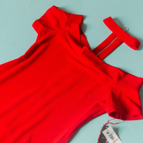 NEW Nicole Miller Studio Vintage Red Off Shoulder Choker Neck Sheath Dress Sz 10 - Picture 2 of 10